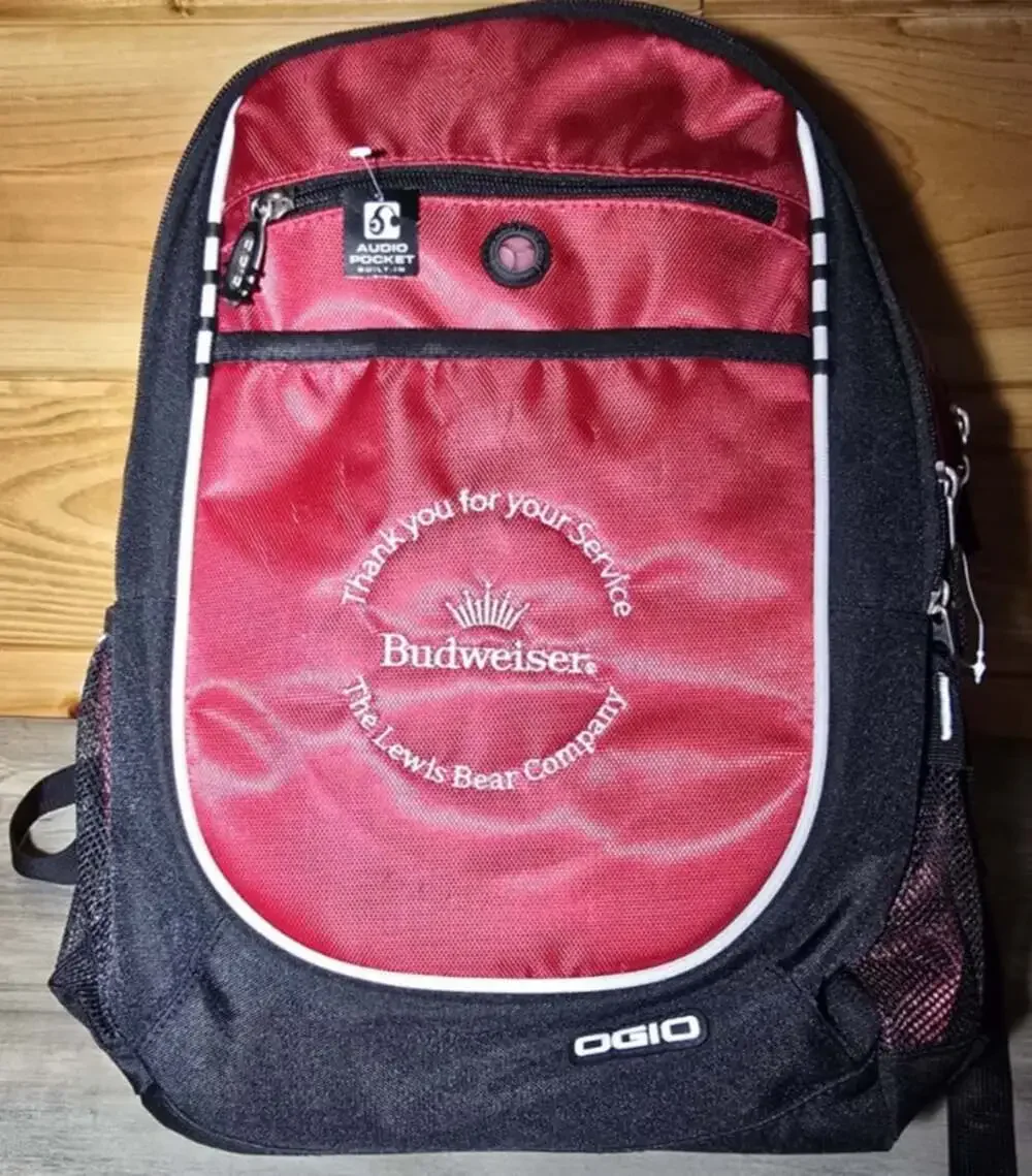 OGIO Budweiser Red/Black Backpack Zip Padded Adjustable Strap Audio Pocket